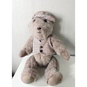 Vintage Rare Jointed Teddy Bear With Ascot Cap‎ Stuffed Animal Plush